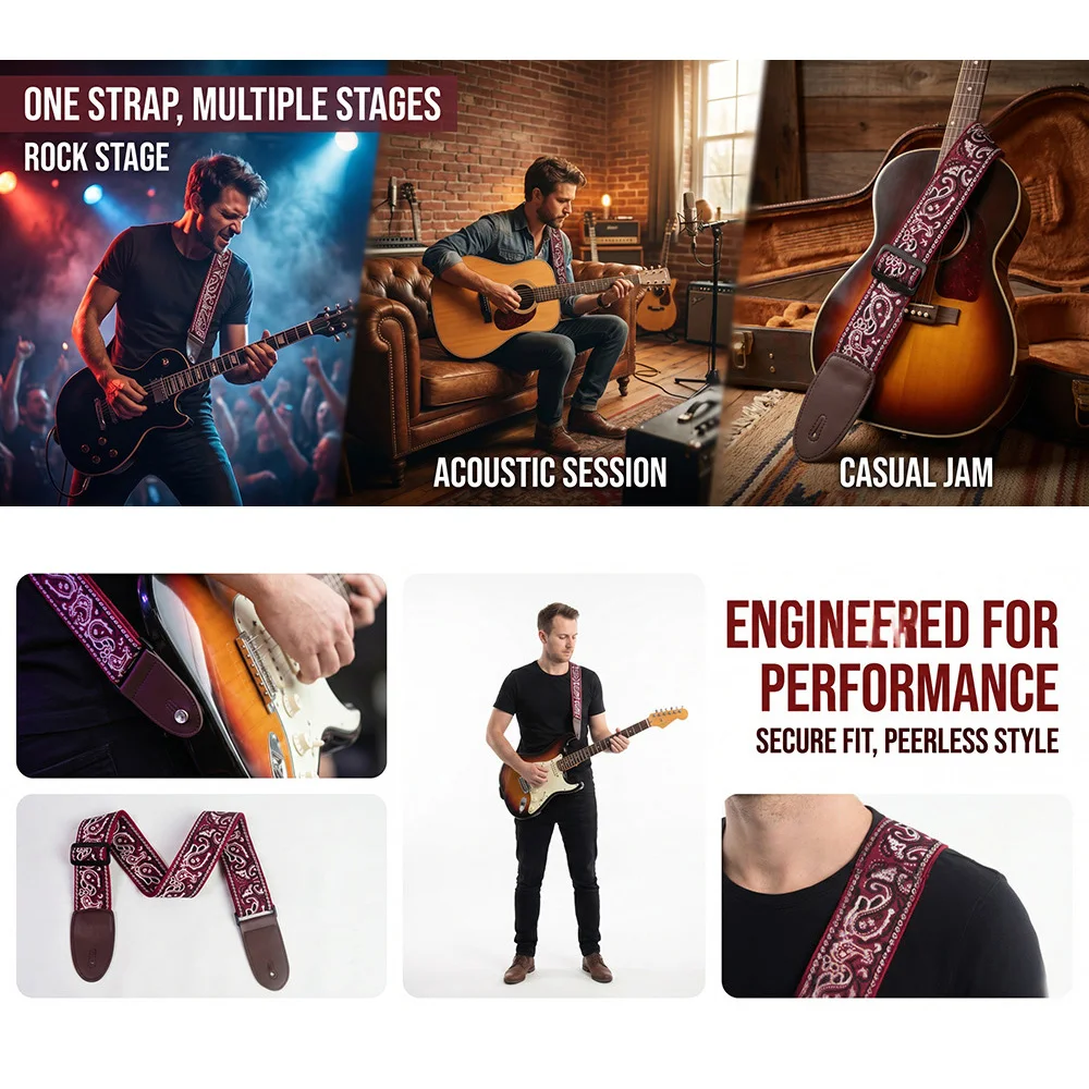 Gitarrengurt, bestickter Gürtel, verstellbare Gitarrengurte mit Lederenden für Bass-, Akustik-, Elektro-Gitarren und Ukulele-Instrumente – Detail 9