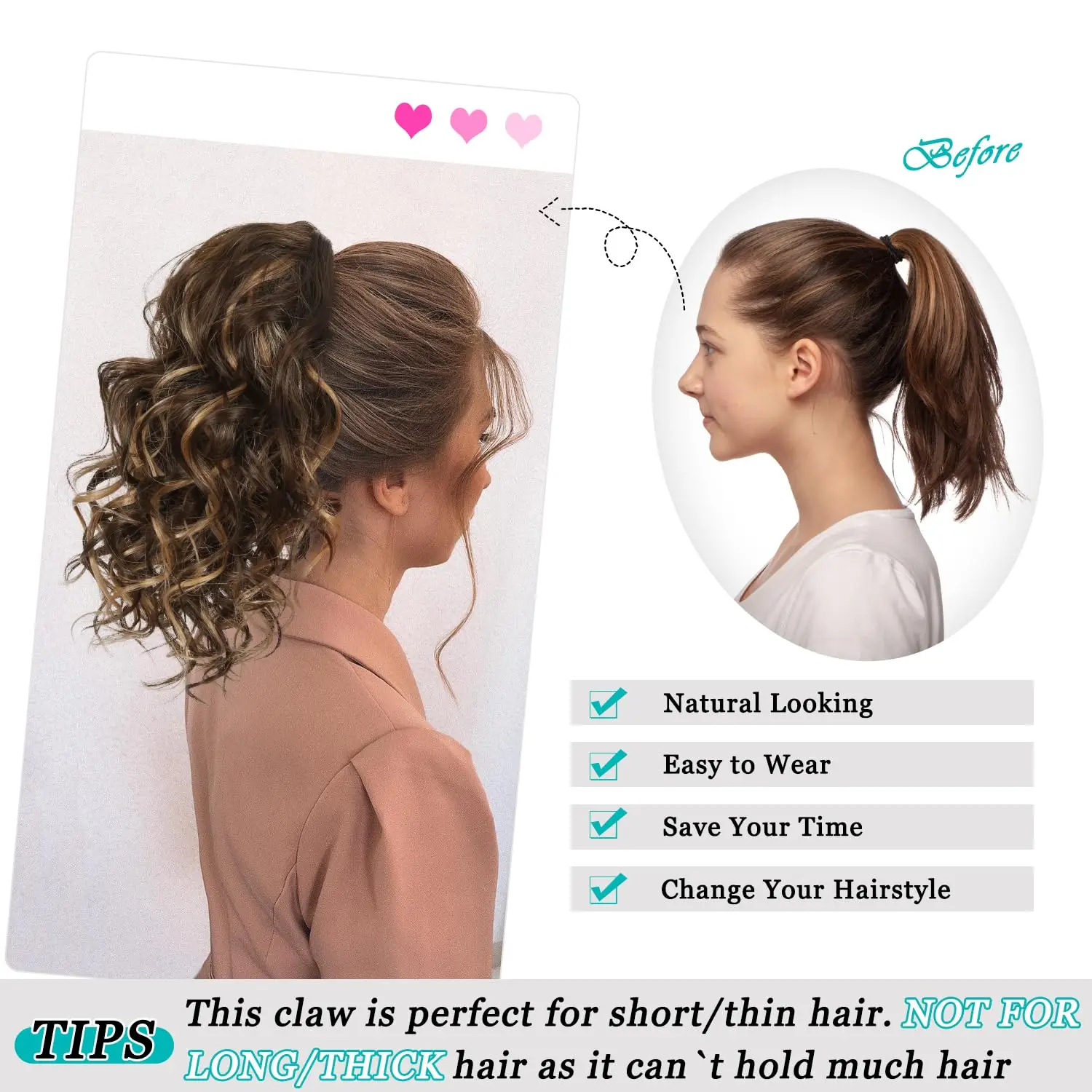 Claw Ponytail Extension 12Inch Short Natural Looking Curly Ponytail Natural Wave Synthetic Hairpiece For Women Daily Use