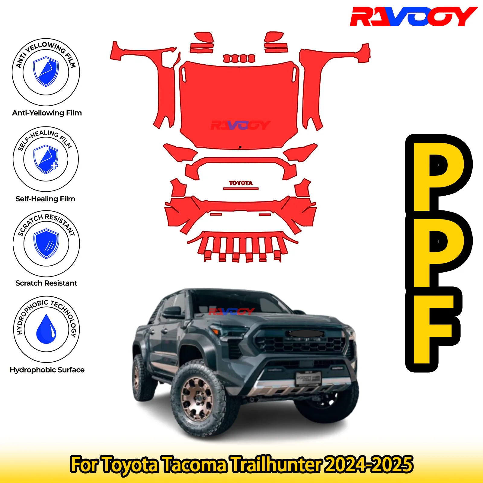 

Для Toyota Tacoma Trailhunter 2024-2025 глянцевая матовая черная предварительно вырезанная передняя защитная пленка PPF комплект