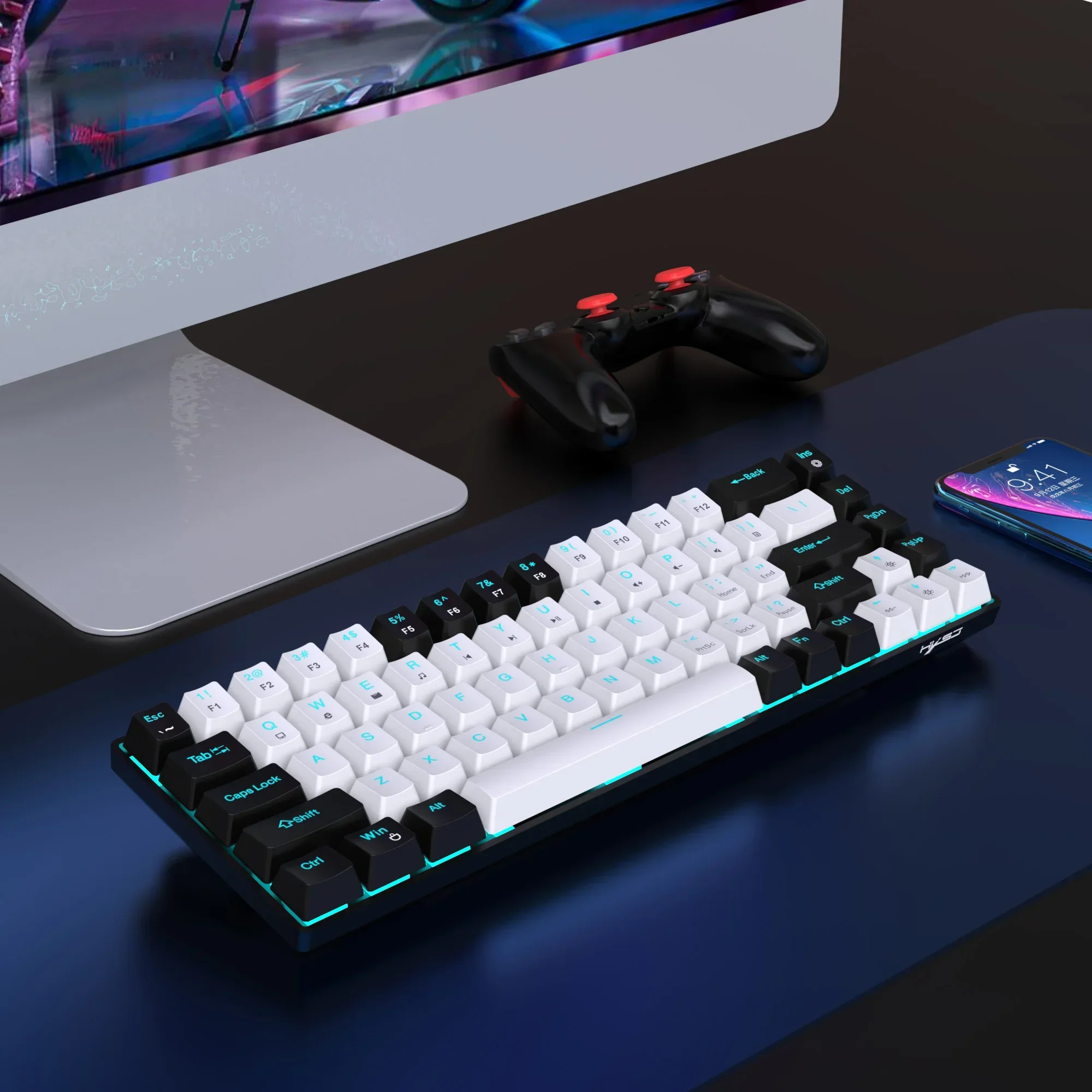 

Portable 60% Mechanical Gaming Keyboard, Ice blue Backlit Compact 68 Keys Mini Wired Office Keyboard with Blue Switch