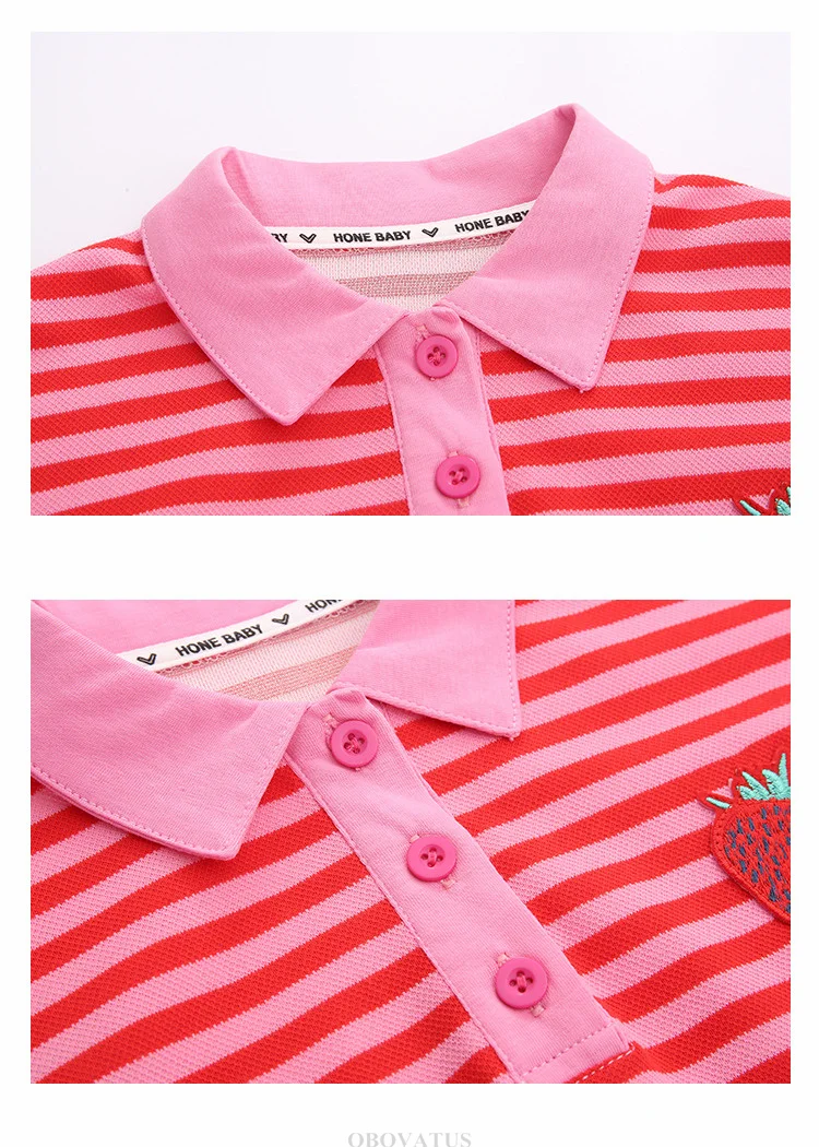 Elegantes gestreiftes Kinderkleid mit Erdbeer-Motiv für Mädchen, neues Design, kurzärmeliges Polokleid, lässige Baumwoll-Sommerkleidung für Kinder – Detail 14