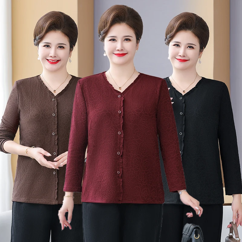 เสื้อยืดแขนยาวทรงหลวมสำหรับผู้หญิงวัยกลางอายุ ไซส์ใหญ่ รุ่นใหม่ ฤดูใบไม้ผลิ/ฤดูใบไม้ร่วง เสื้อผ้าแฟชั่นผู้หญิง