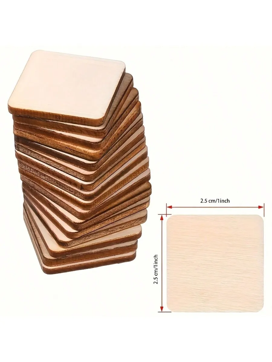 100 Pieces Wooden Square Blocks Wood Chips (25mm/1 inch) Square Round Corner Blank Wood Chips for DIY Square Wood Chips for Craf