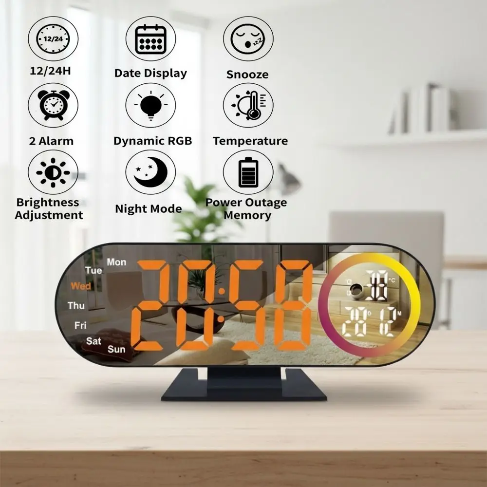 Brightness Adjustment Digital Alarm Clock 12/24H Format Date Week LED Mirror Clock with RGB Mood Light Voice Control Desk Clock