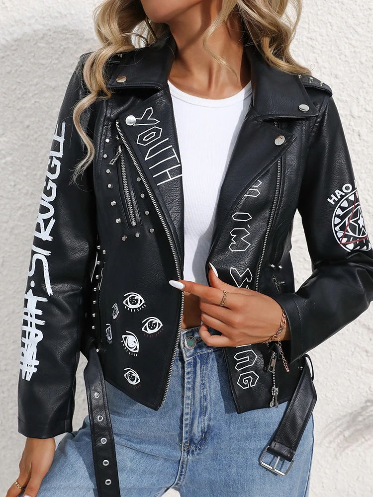 Ailegogo Women Retro Short Graffit Print Slim Pu Faux Leather Jacket Streetwear Female Zipper Belt Coat Moto Biker Outwear