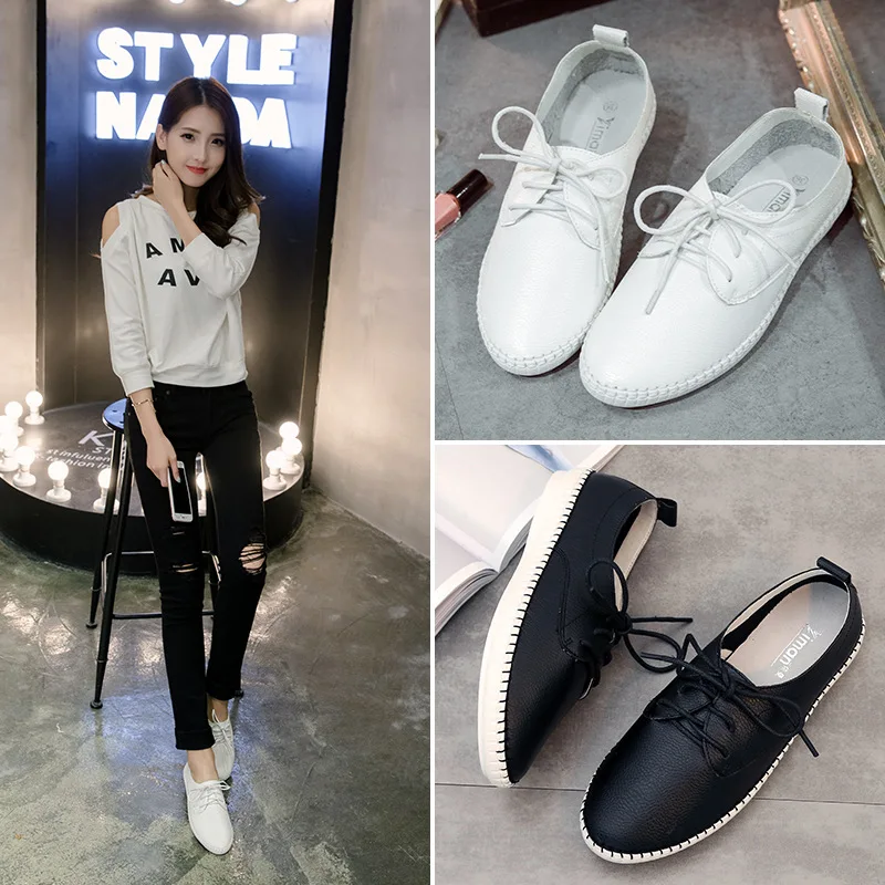 2021 Spring Women Ballet Flats Oxford Flat Shoes Soft Leather Shoes Ladies Lace Up White Black Loafers Flats Boat Shoes rty67