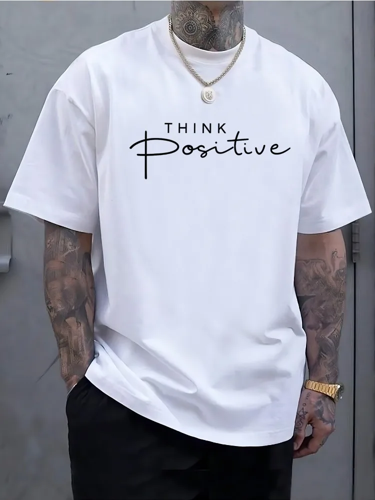 Mens Summer Crew Neck T Shirt THINK Positive Letter Print Loose Oversized Short Sleeve Streetwear Casual Daily Black Top For Men