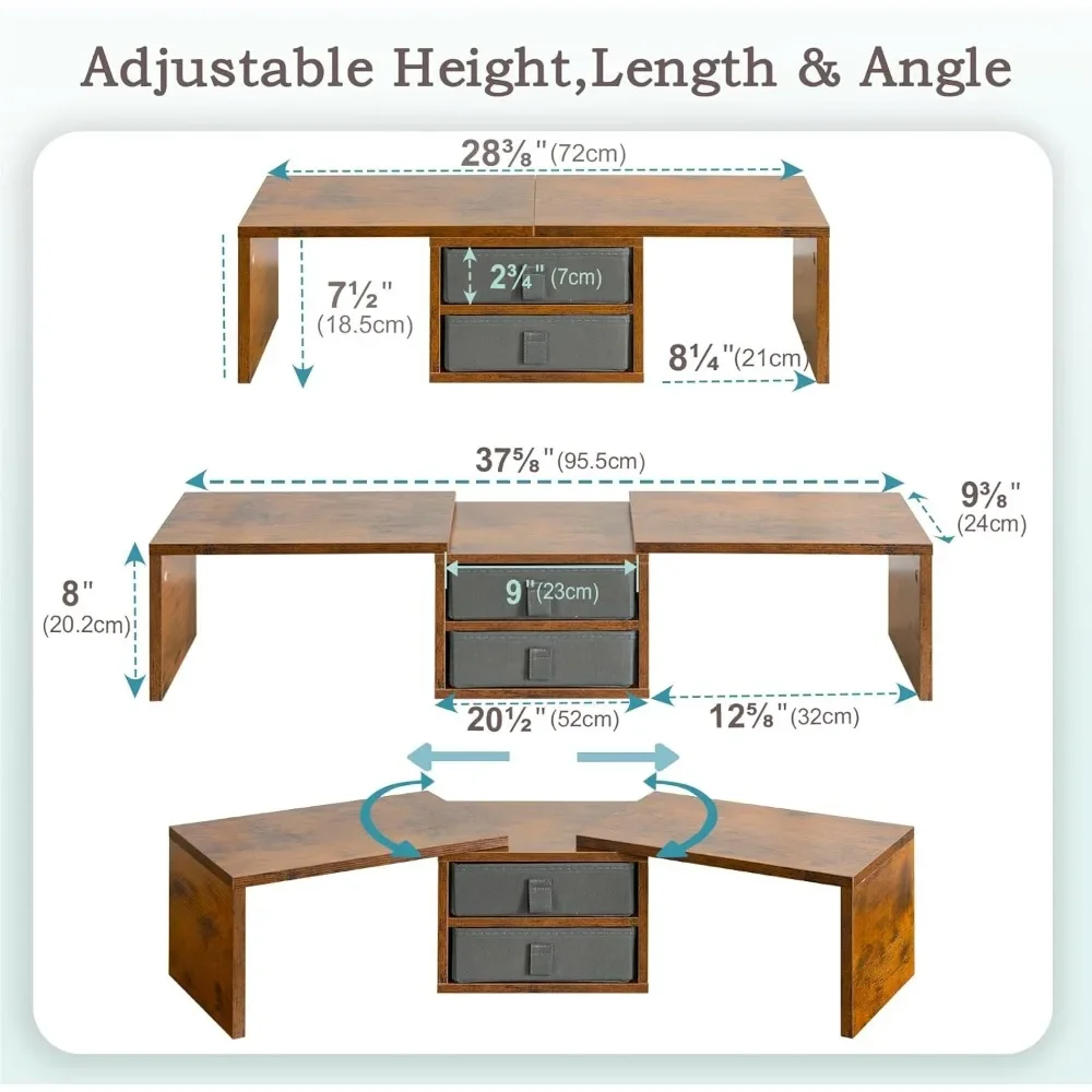 Stand Riser with 2 Drawers - Length and Angle Adjustable 3 Shelf Monitor Riser with Storage Desk Organizer Large Monitor Stand
