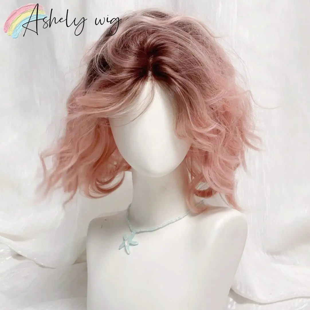 

Ashely Female Wig with Pink Gradient Egg-shaped Short Curly Hair Wig for Women Cute Lolita Synthetic Wigs for Daily Use Cosplay