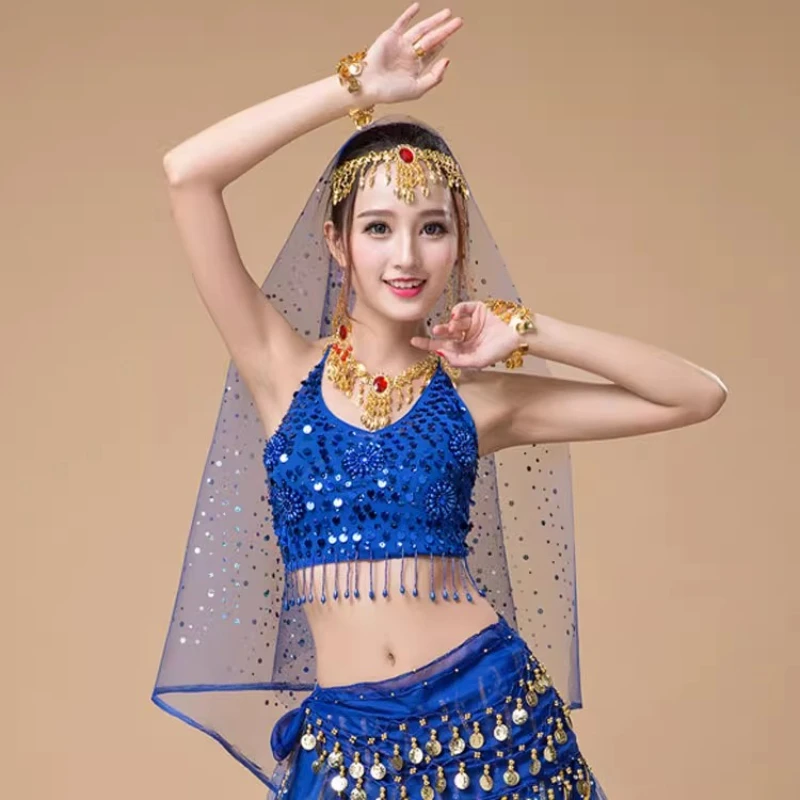 

Блестящий наряд для танца живота для взрослых, женский топ с блестками + брюки, костюм, комплект женской одежды для восточного индийского танца, арабская принцесса, комплект одежды