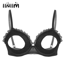 Womens Cutout Padded Underwired Bra Tops Lingerie Hot Open Chest Bra Tops Adjustable Straps Hollow Out Lace Brassiere Underwear