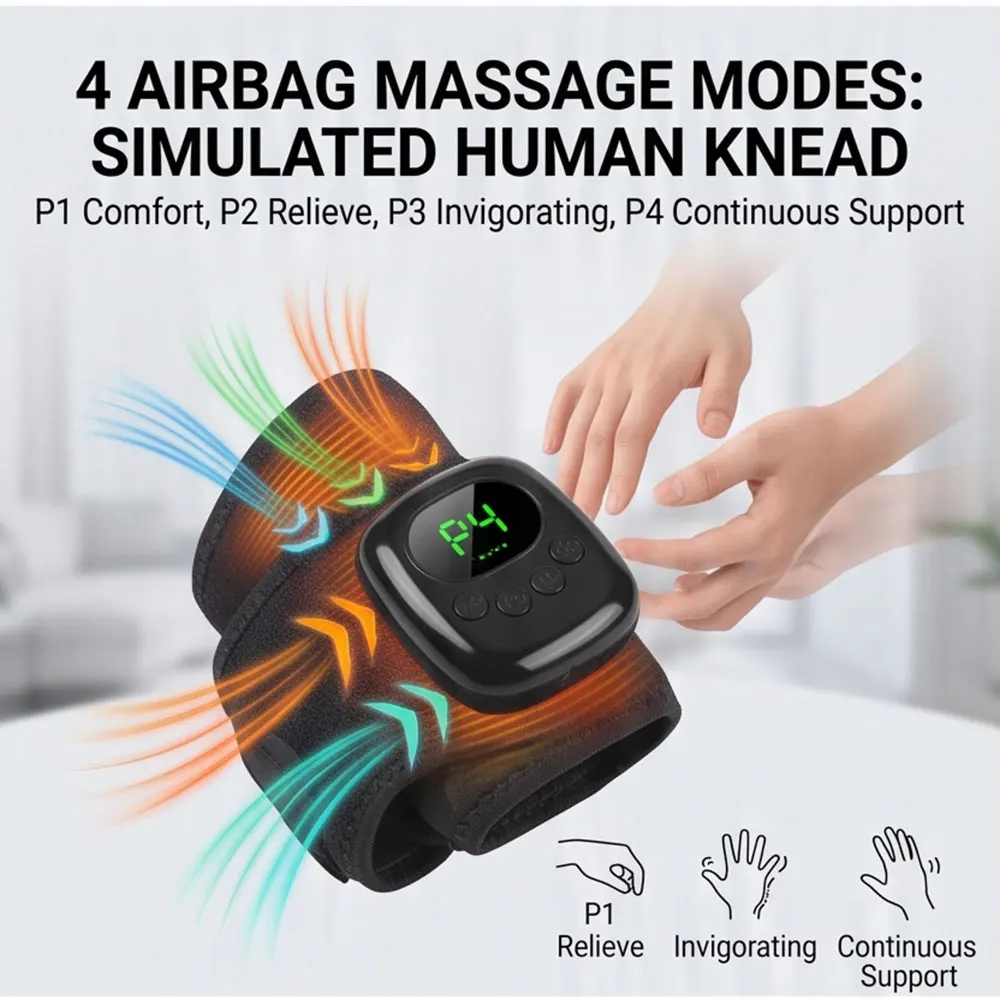 Portable Cordless Air Compression Wrist Massager 4 Modes 4 Intensities 3 Heat Settings Rechargeable Wrist Wrap for Daily Use