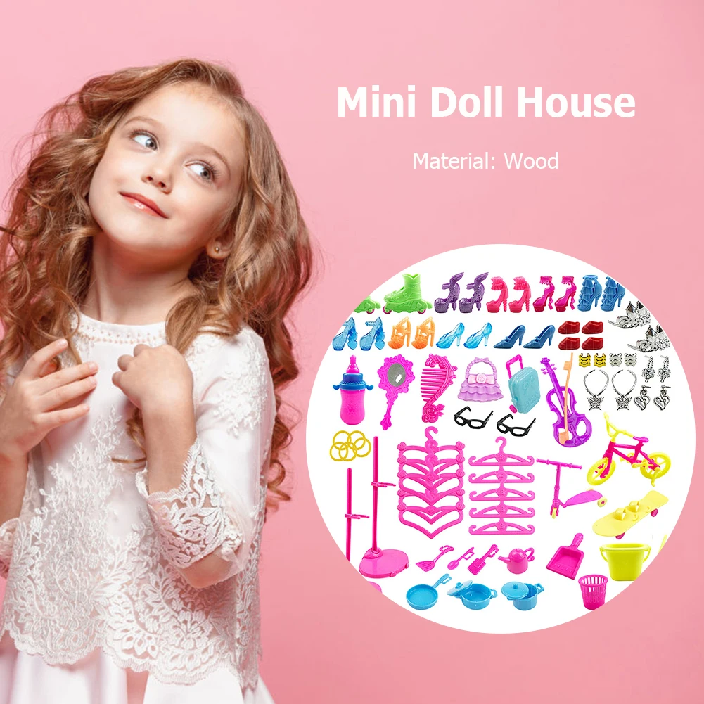 Doll Toy Acessórios para crianças, Mix Doll Toy, Mini Espelho, Salto alto, DIY Dollhouse, Growth Puzzle, Dress Up Game, 88pcs