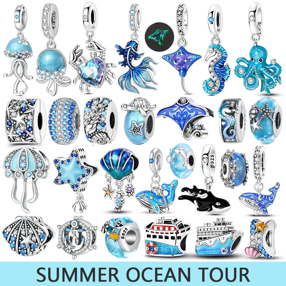 Charms-Anhänger aus 925er-Sterlingsilber mit blauen Ozean-Serie, passend für das DIY-Armband der Marke, Damenschmuck, Geschenke für Freundin