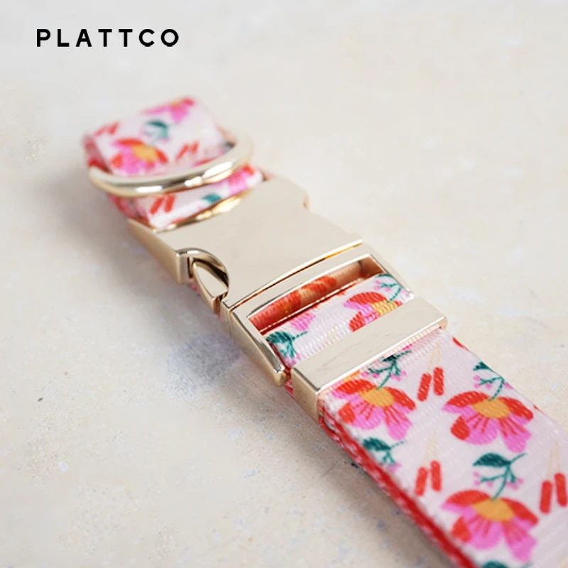 PLATTCO unique design dog collar print Pink Rose pattern with high quality light color zinc alloy buckle 5 size PDC346G