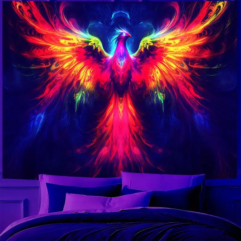 VIKAMA Crimson Amber Phoenix Bird Rising Blaze Black Light Tapestry UV Active Surreal Wall Blanket Styling Decor Soft Durable