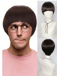 Short brown cosplay wig for men, synthetic bowl cut hair, anime retro wig, suitable for movies, parties, Halloween