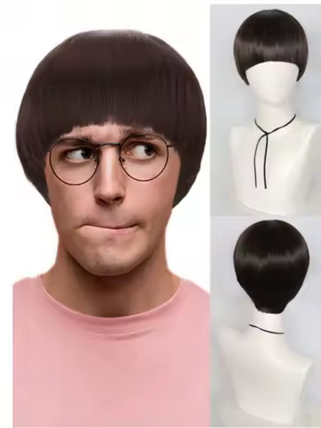 Short brown cosplay wig for men, synthetic bowl cut hair, anime retro wig, suitable for movies, parties, Halloween, Christmas