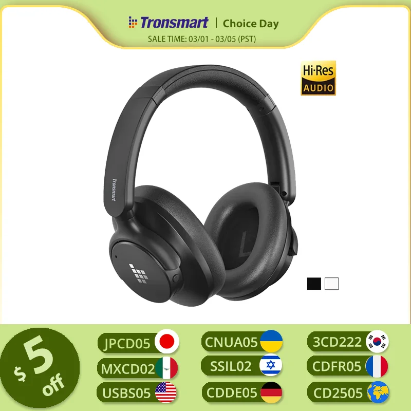 Tronsmart-Casque Bluetooth sans fil Sounfii Q20S, audio haute résolution, suppression active du bruit hybride, 60 heures de lecture