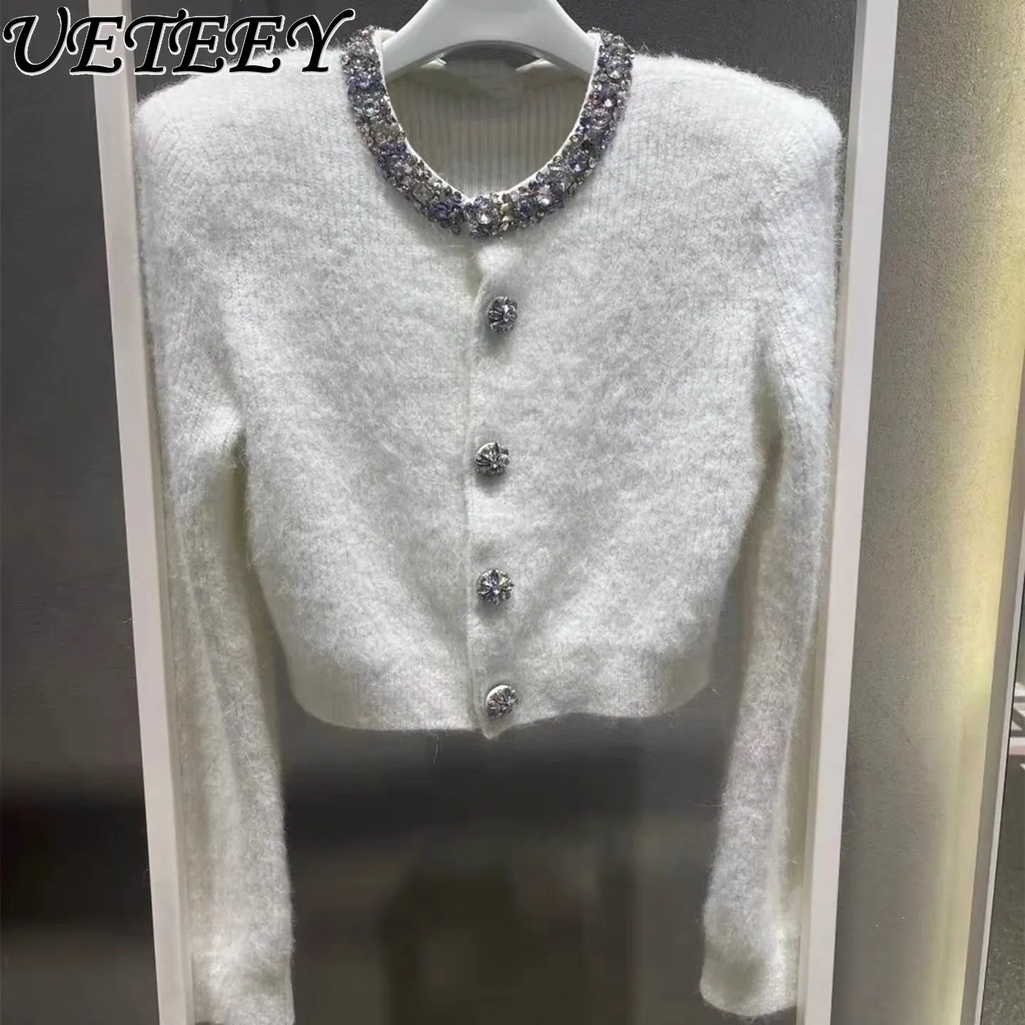 High-End French Style Niche Sweet Cardigan Coat for Women Simple Heavy Craft Colorful Diamond Long Sleeve Knitted Jacket