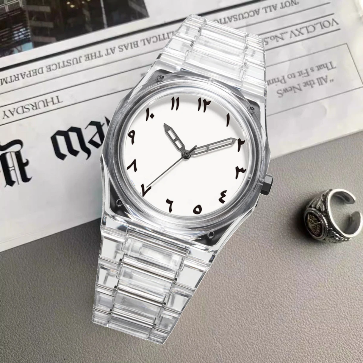 ساعة كوارتز بأرقام عربية إبداعية في الشرق الأوسط، تصميم شفاف، ساعة رياضية كاجوال للرجال #2