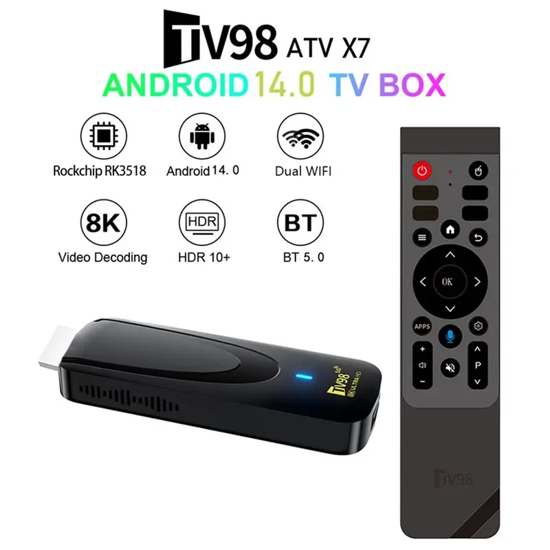 B27B TV98 ATV X7 Smart TV Stick Android14 RK3518 Support 8K Video 2.4/5G Wifi6 Mini TV Box Portable Player 16GB+256GB