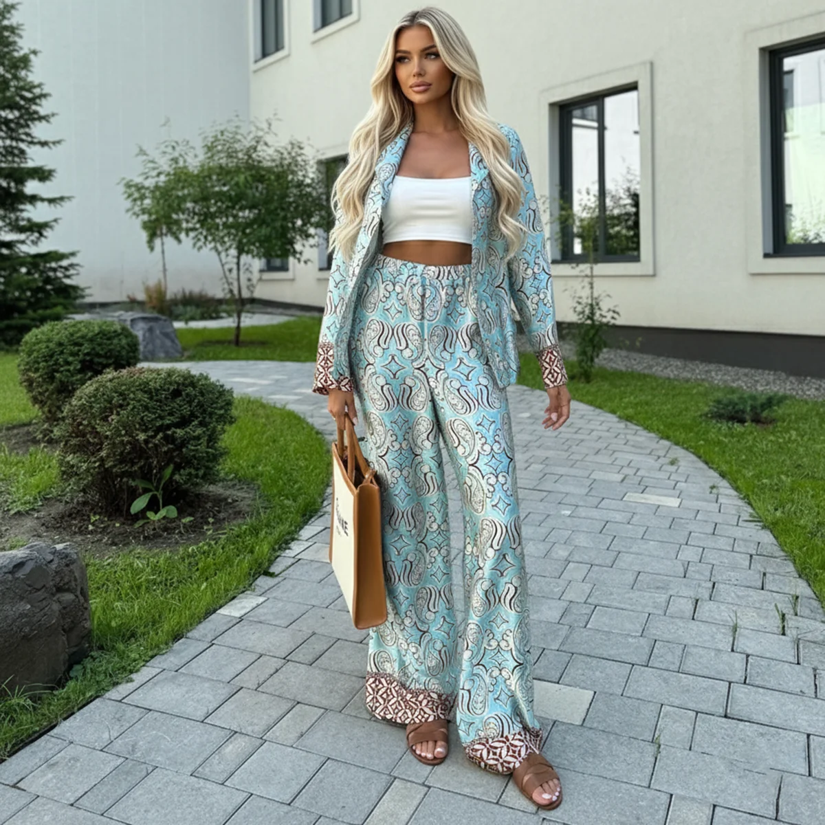 

Spring Fashion Loose Print Woman 2 Piece Set Outfit 2026 Elegant Long Sleeve Shirt With High Waist Wide Pants Set Streetwear
