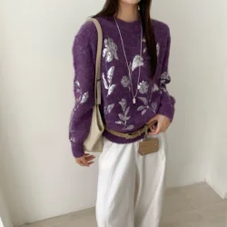 2024 New Korean Fashion Luxury Rose Floral Sequins Knitted Sweaters Jumper Women Round Collar Long Sleeve Soft Loose Pullovers