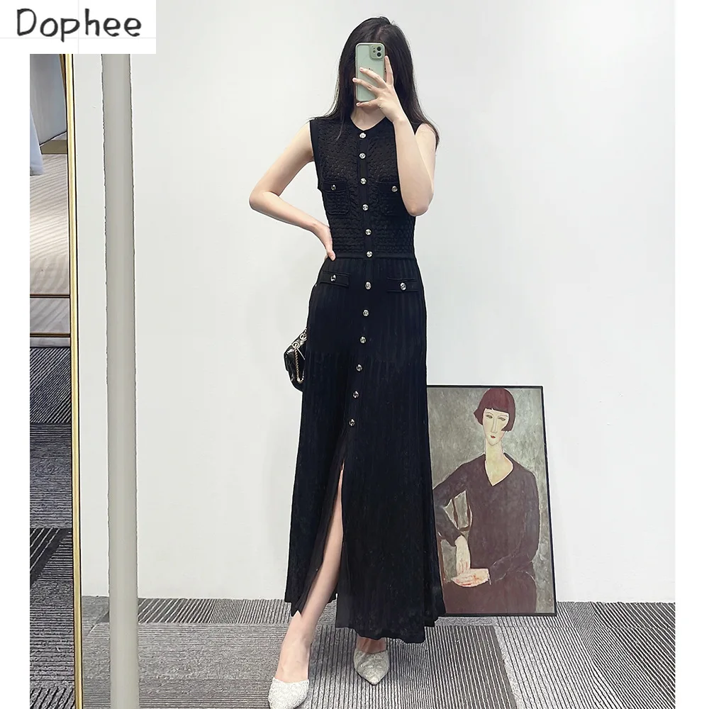 

High Quality Spring Summer Ladies Sleeveless Knitting Dress Elegant O-neck Single-breasted Hollow Out Black Maxi Long Dress