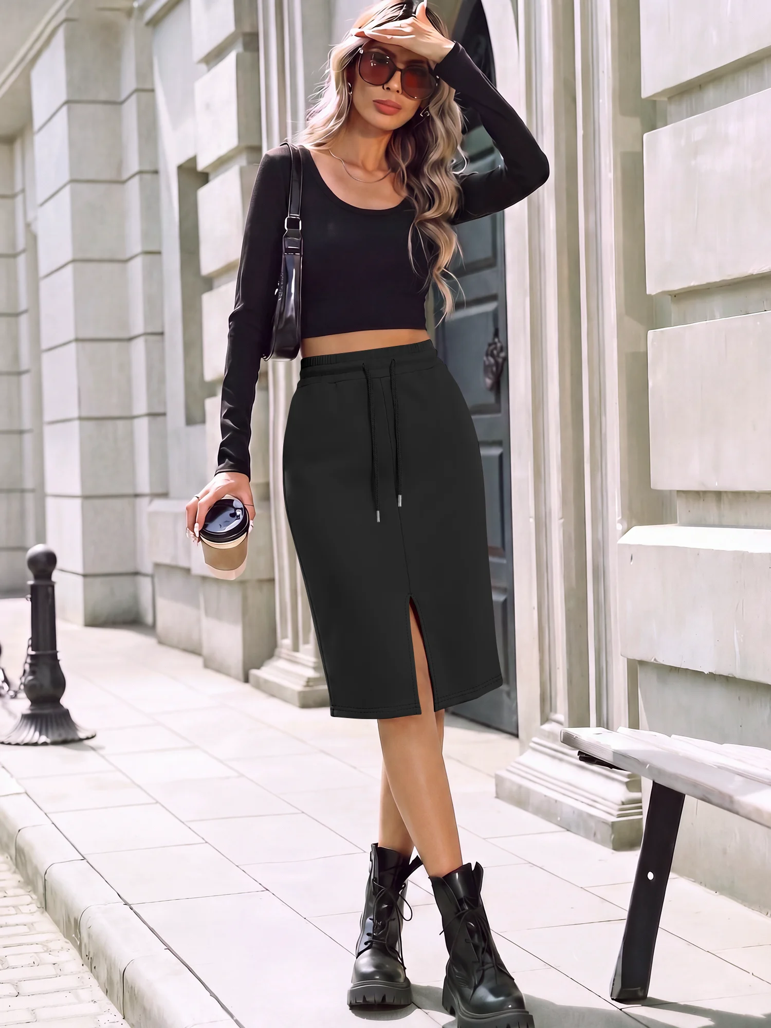 

Casual Elastic Waist Split Midi Skirt, Women's Drawstring Sweat Skirt, Loose Fit Daily & Sports Wear