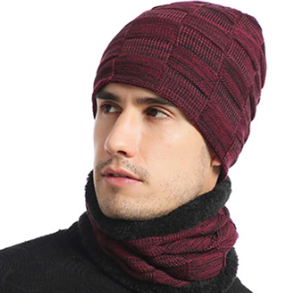 Versatile Acrylic Fibres Men Scarf and Hat Set Elastic Thickened Woolen Hat Solid Color Soft Pullover Cap Autumn