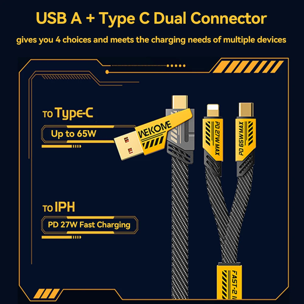 WEKOME Mech Style Kabel 4 w 1 USB A Type-C Podwójne złącze Oświetlenie Nylon Pleciony PD 65W 27W Szybkie ładowanie dla iPhone Android