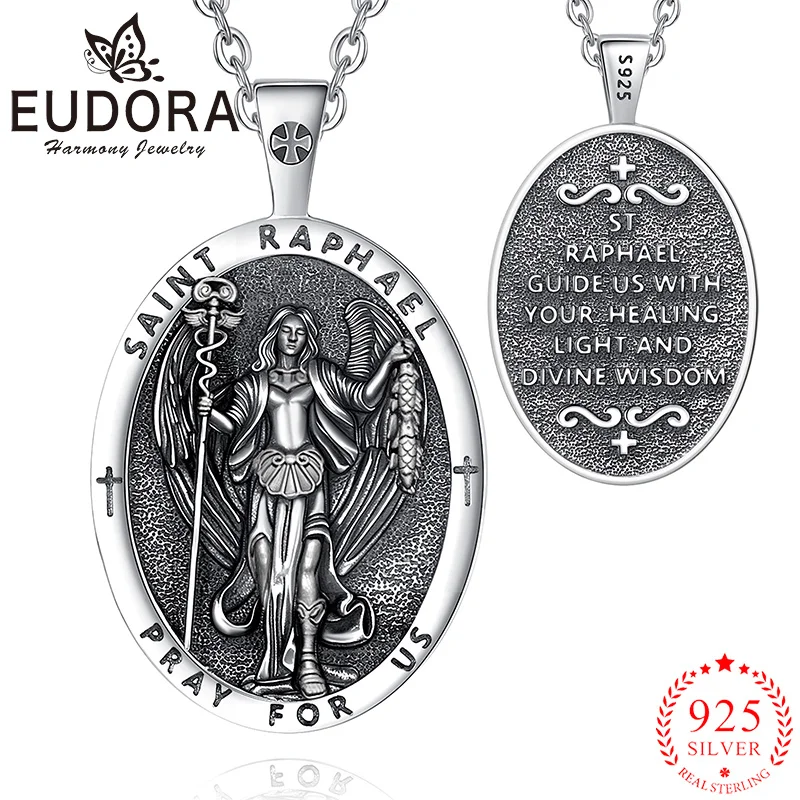 

Eudora 925 Sterling Silver Saint Raphael Archangel Necklace Cross Amulet Pendant Christian Jewelry Religious Gift For Men Woman