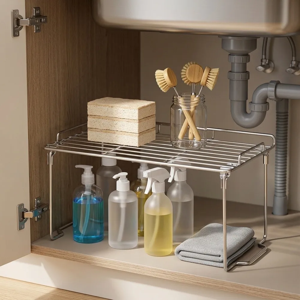Stainless Steel Adjustable Under Sink Shelf for Kitchen Storage Collapsible Rack to Fit Varying Cabinet Depths and Heights