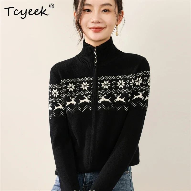 Festival Christmas Clothes Women's Sweater Autumn Winter Coat 100% Merino Wool Sweater Cardigan Elk Design Casual Warm Knitted