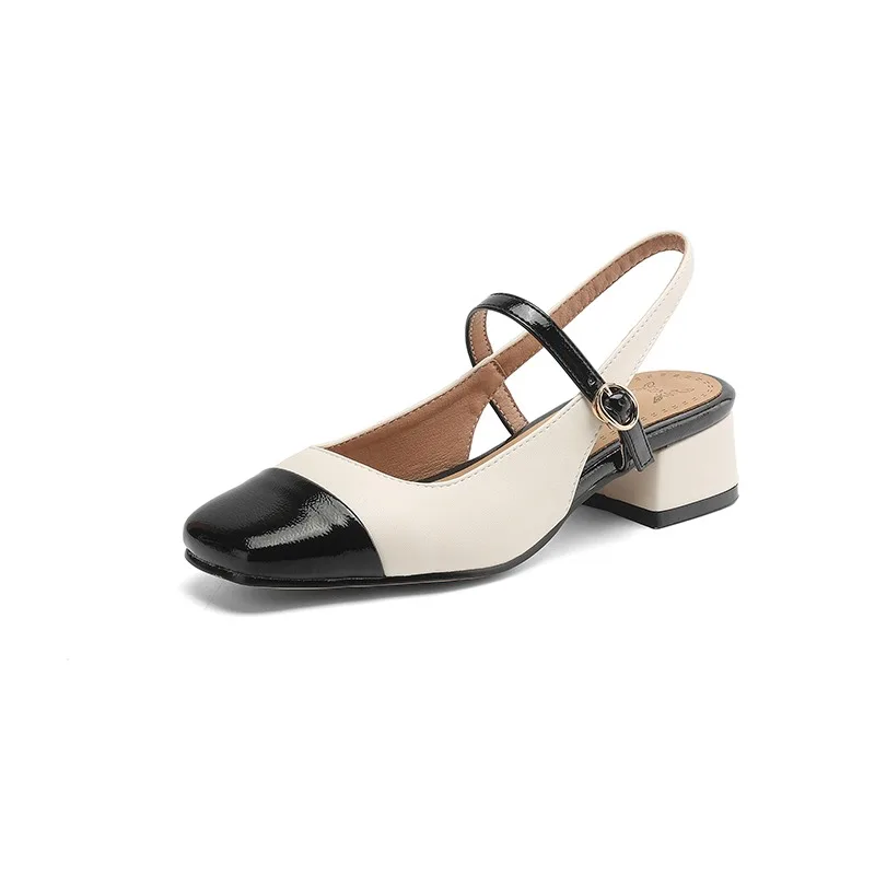 High heels for ladies Thick Heel Square toes Color blocking design for single shoes, simple and fashionable