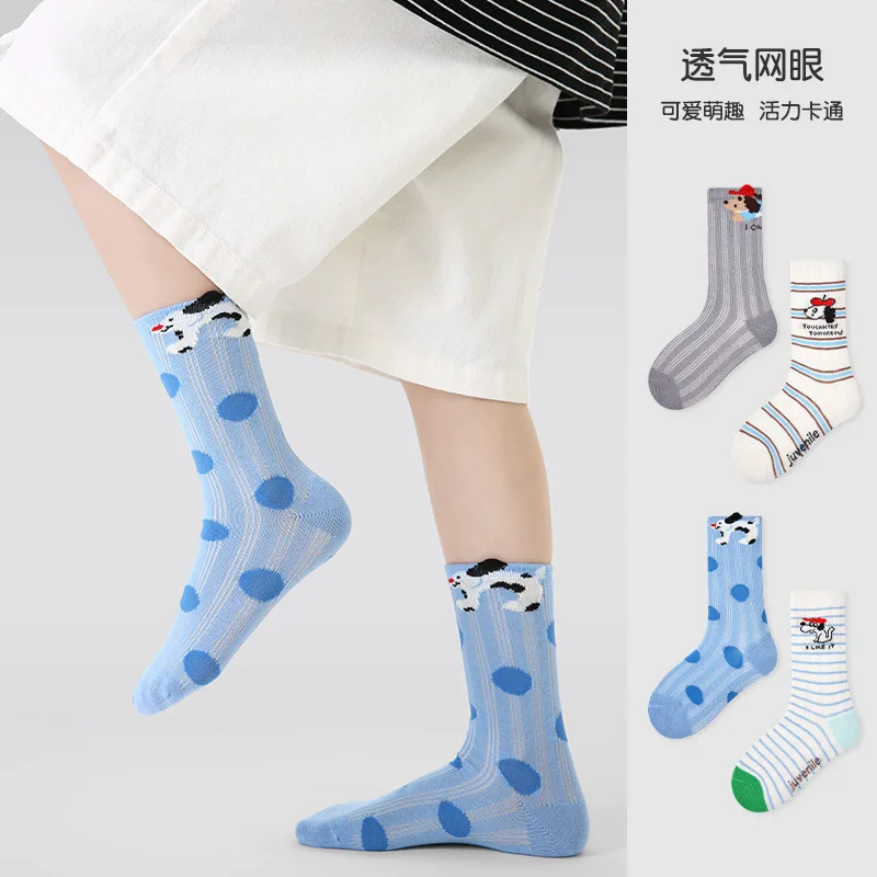 4 Pairs Children's Summer Socks Boys Girls Cartoon Pattern Thin Socks Cotton Mesh Socks Kids Baby Mid-Calf Socks Summer