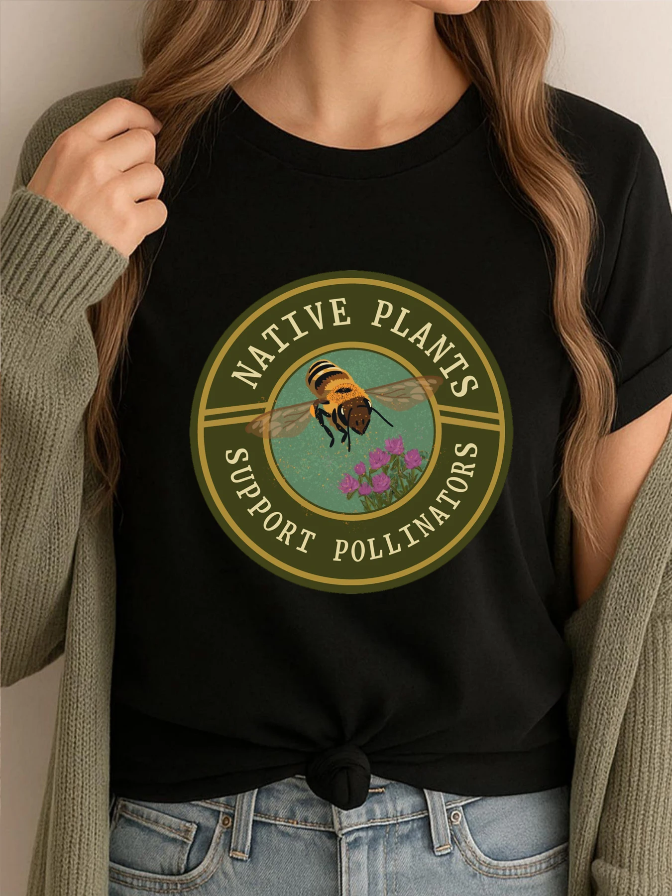 

Native Plants Support Pollinators New T Shirt Male Breathable T-Shirt Graphic Tees Retro Printed T-shirts For Men