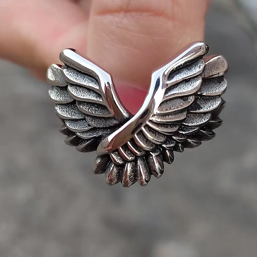 Minimal Gothic Archangel Wing Ring Stainless Steel Faith Freedom Amulet For Men Women Exclusive Streetwear Trendy Accessories