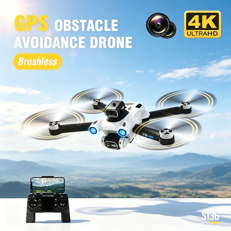 S136 RC Drone 4K HD Dual Camera GPS Obstacle Avoidance Aerial Photography Quadcopter WIFI GPS Brushless Helicopter Kid Gifts
