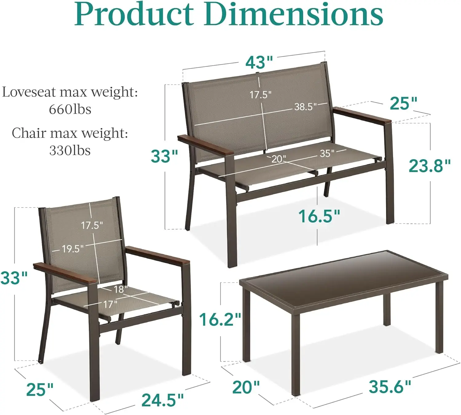 4-Piece Outdoor Textilene Patio Conversation Set, Backyard Furniture w/ Loveseat, Coffee Table, Steel Frame - Brown/Brown