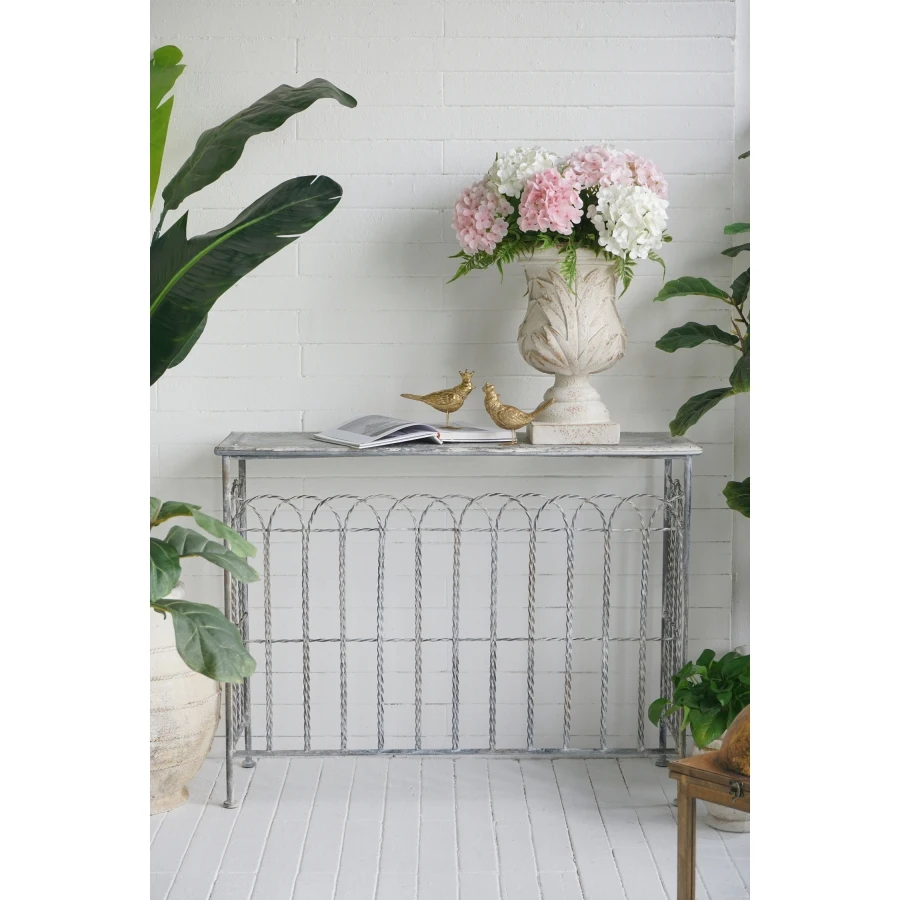 

Rustic iron arched fence console table for indoor/outdoor use, weathered silver finish, durable metal construction, versatile a