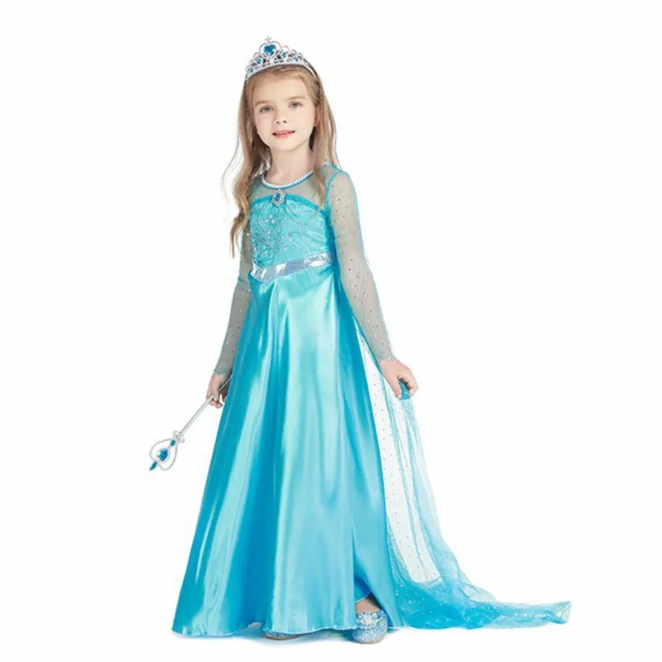 Girls Turquoise Mesh Cape Train Princess Dress Long Sleeve Satin Floor‑length Gown Kids Birthday Elsa Role‑play Party Costume