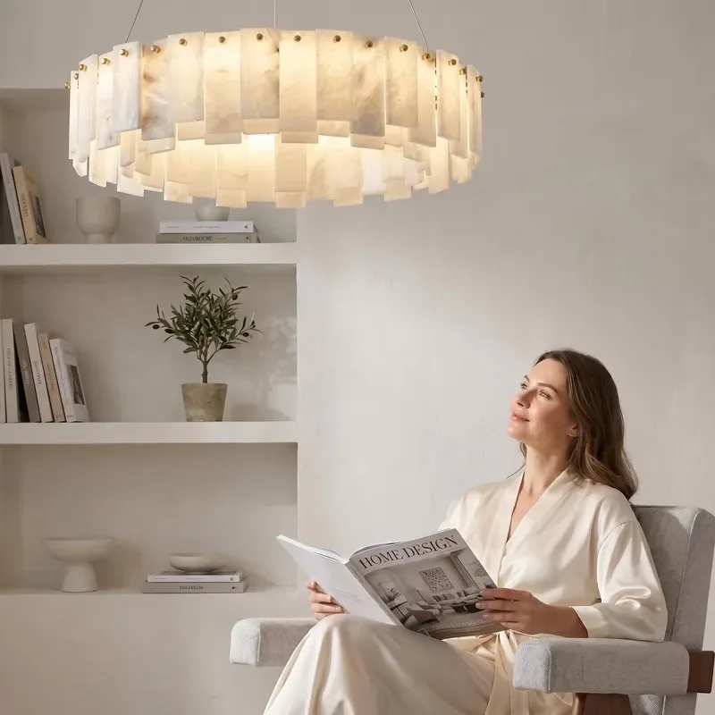 Modern Natural Spanish Alabaster Gold Finish Long LED Oversized Pendant Light Dual Color Temp Square Shade High CRI 90