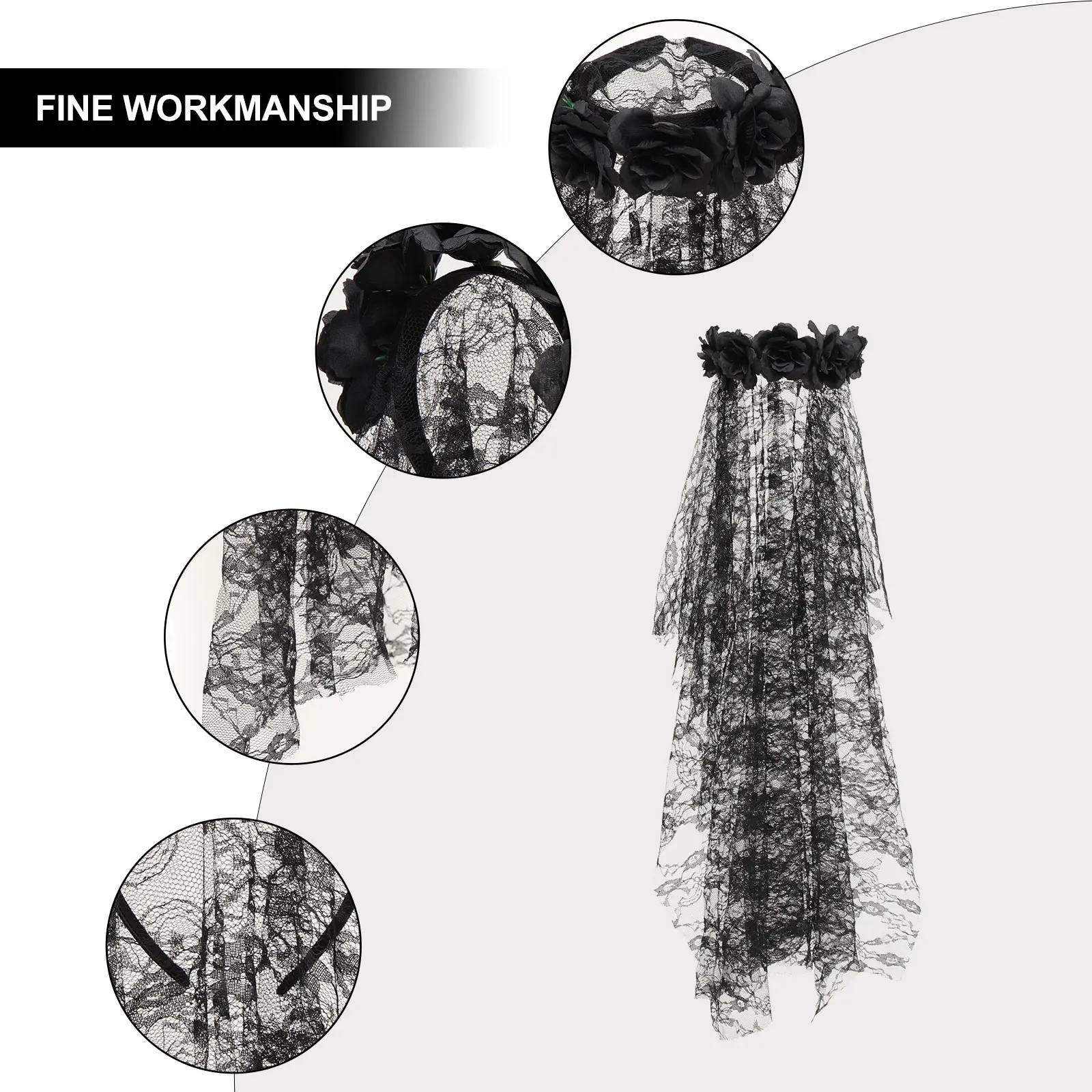

Halloween Rose Hair Clasp Long Veil Headband Party Headwear Day of The Dead Flower Crown Cosplay Floral Headdress