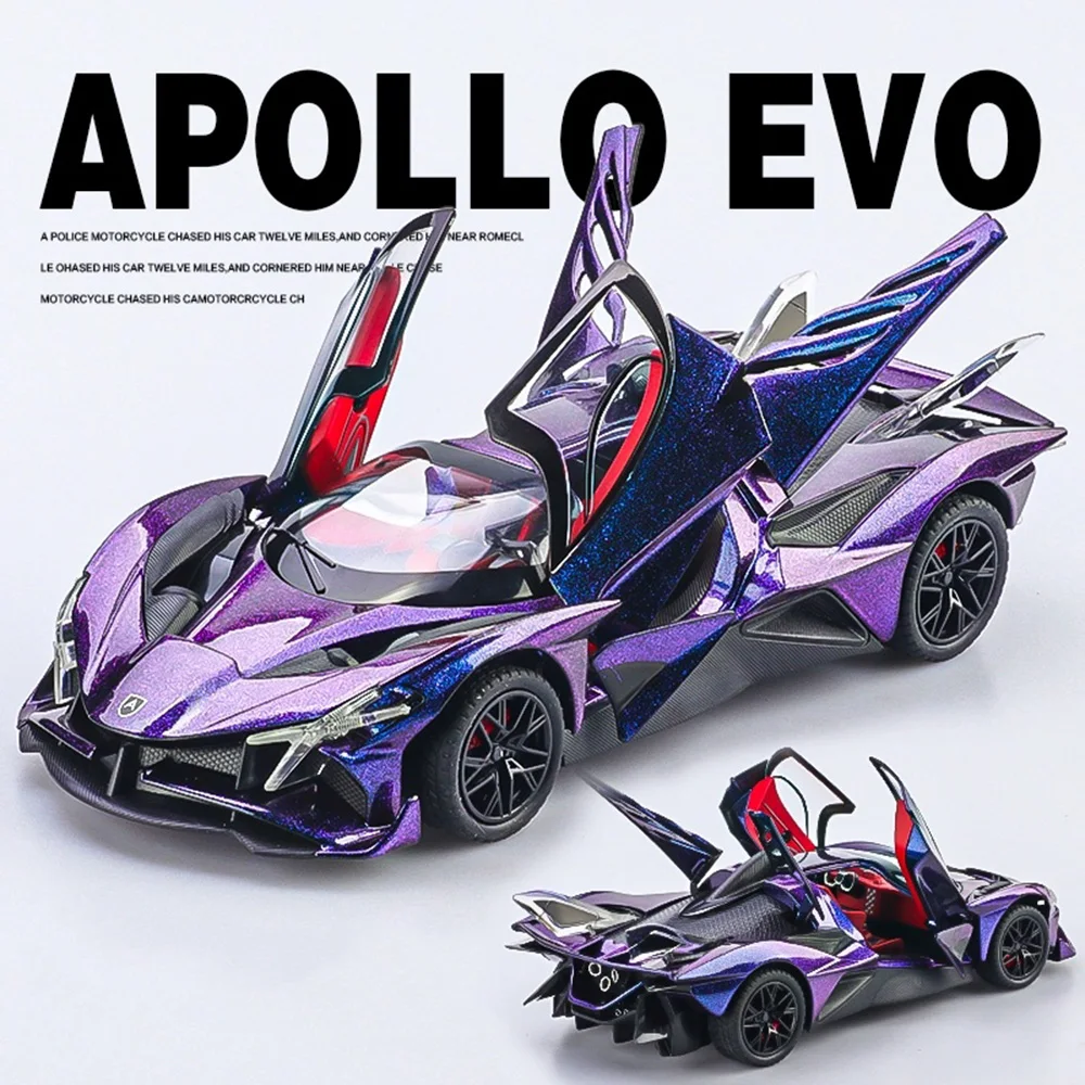 1:24 Apollo EVO Metalowy Model Sportowego Samochodu, Zabawka z Dźwiękiem i Światłem, Napęd Pull-Back, Otwierane Drzwi, Miniaturowe Pojazdy, Prezent na Festiwal dla Dzieci