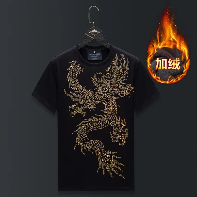 

Plus Size O Neck Short Sleeve O Neck T Shirts Men Winter Clothes Cartoon Dragon Rhinestones Streetwear Thick Velvet Heat Tshirts