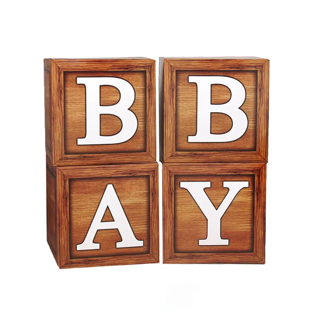 Transparent Baby Shower Boxes Decor,4Pcs Wood Grain Brown Blocks with BABY Letters,Gender Reveal Decorations and Birthday Party