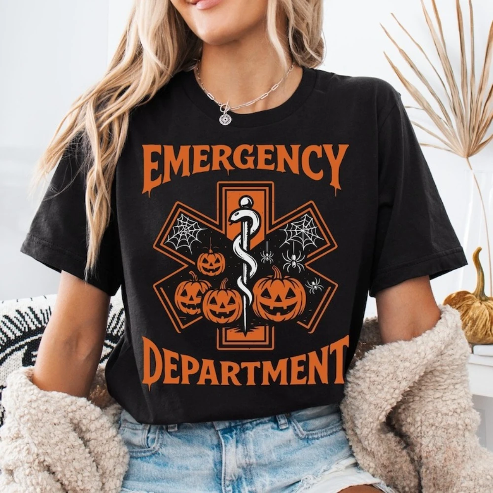 Halloween Emergency Department Graphic T Shirts  Nurse Spooky Pumpkin Spider Web Printed Tops  Woman Man Cotton Streetwear Tee