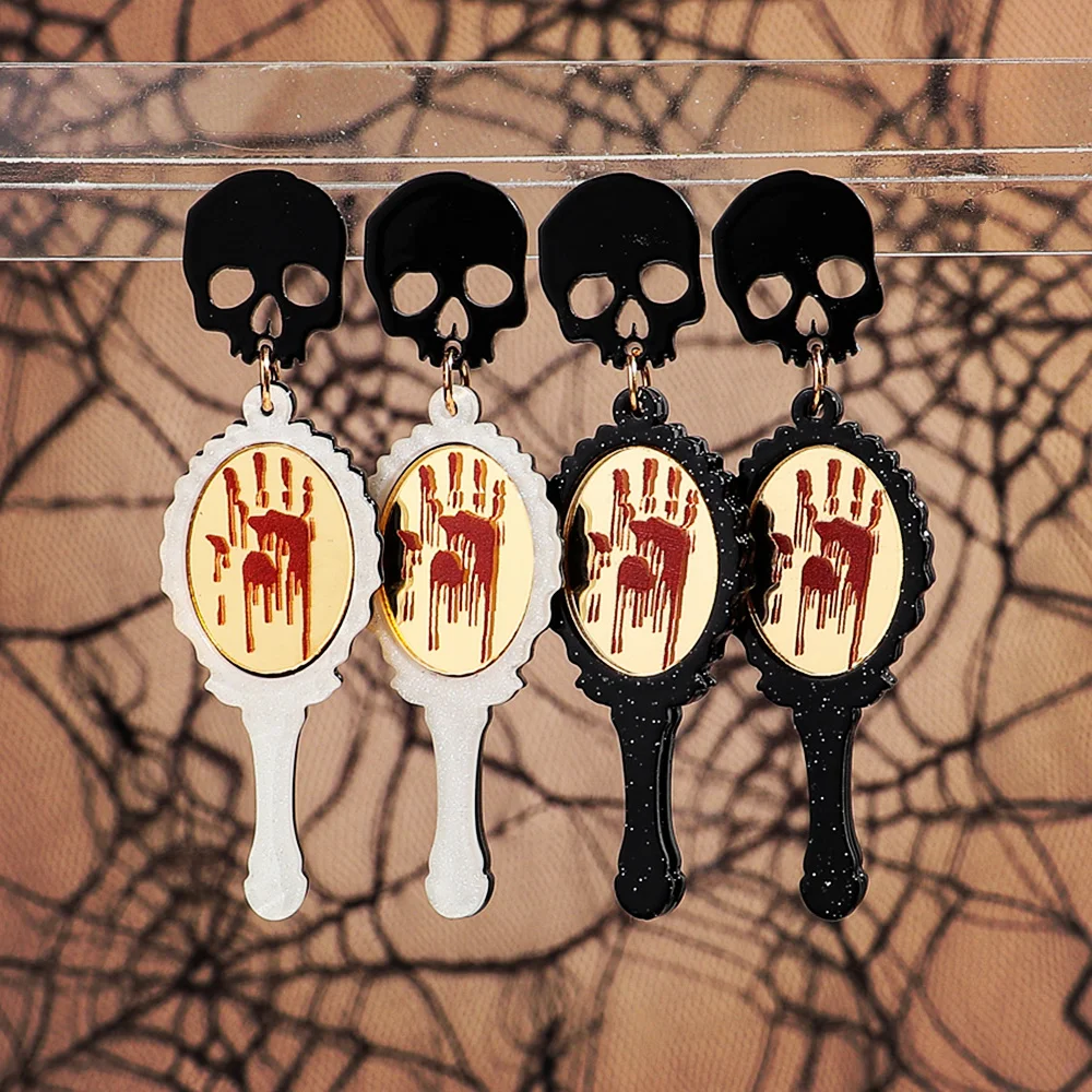 Halloween Blood Palm Mirror Long Drop Earrings for Women New Gothic Horrible Skull Handprint Acrylic Earring Party Jewelry Gifts